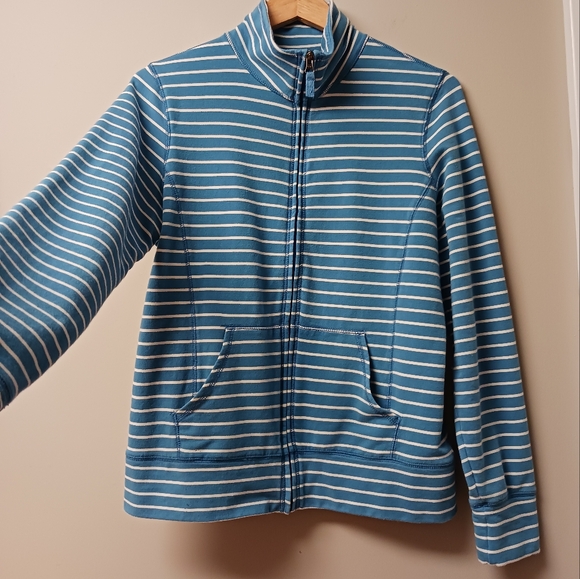 L.L. Bean Ultrasoft Full Zip Striped Jacket Sweatshirt Blue/White Size M - Picture 2 of 13